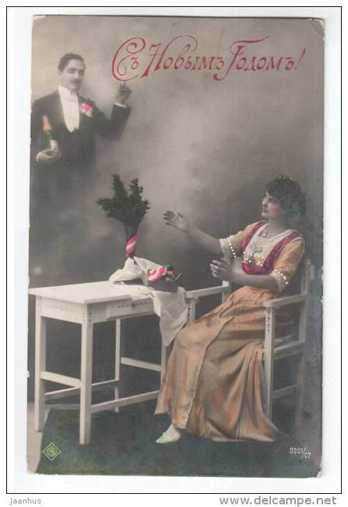 New Year greeting card - man and woman - OPG 3201/02 - old postcard - circulated in Tsarist Russia 1912 , Revel - used - JH Postcards