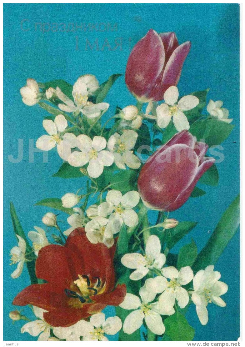 May 1 International Workers' Day greeting card - red tulips - flowers - 1989 - Russia USSR - unused - JH Postcards