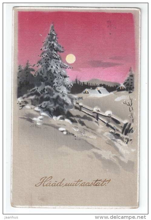 New Year Greeting Card - winter - house - fir trees - HWB - old postcard - circulated in Estonia 1927  Tallinn - used - JH Postcards