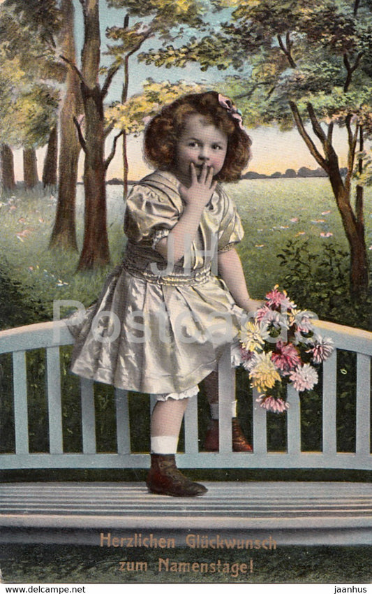 Herzlichen Gluckwunsch zum Namenstage - children - girl - flowers - 2050 - old postcard - 1910 - used - JH Postcards