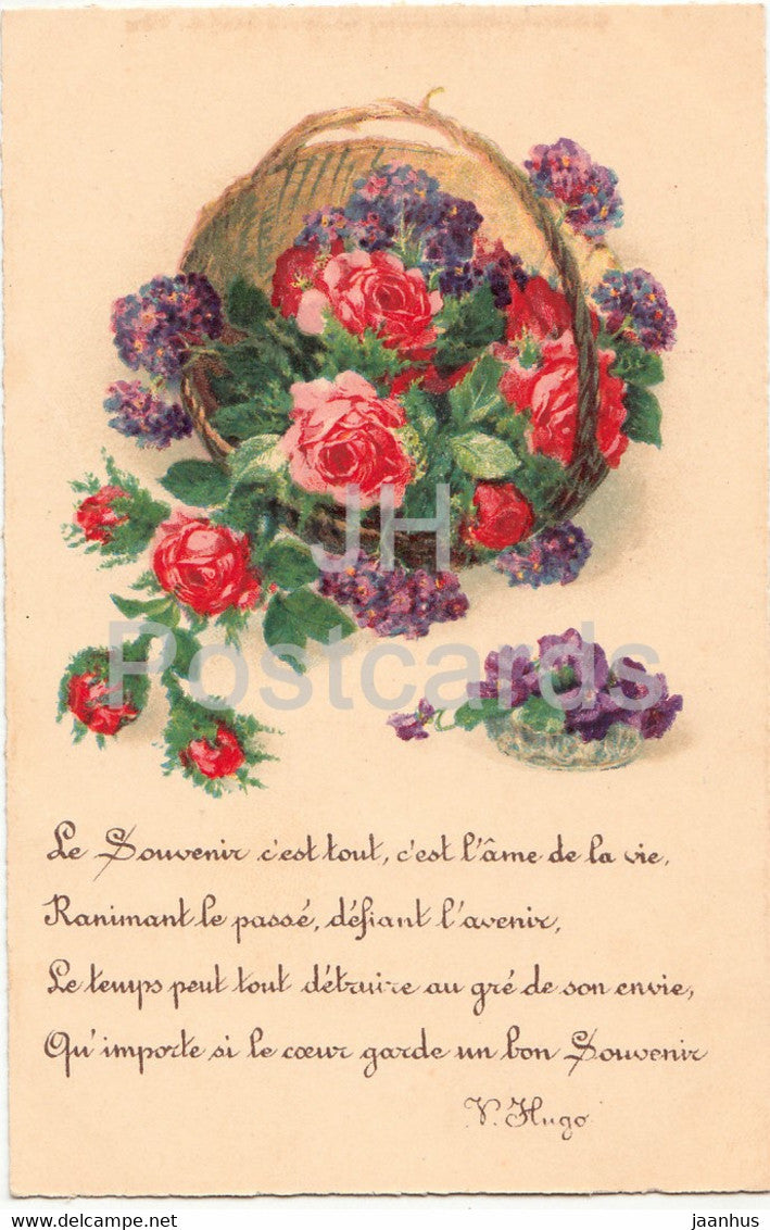 flowers in a basket - Le Souvenir c'est tout  c'est l'ame de la vie V Hugo illustration - old postcard - France - used - JH Postcards