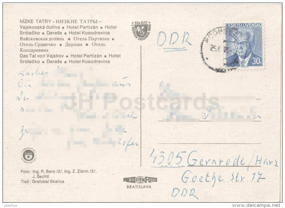 Vajskovska valley - hotel Partisan - Srdiecko - Derese - Kosodrevina Nizke Tatry - Czechoslovakia - Slovakia - used 1976 - JH Postcards