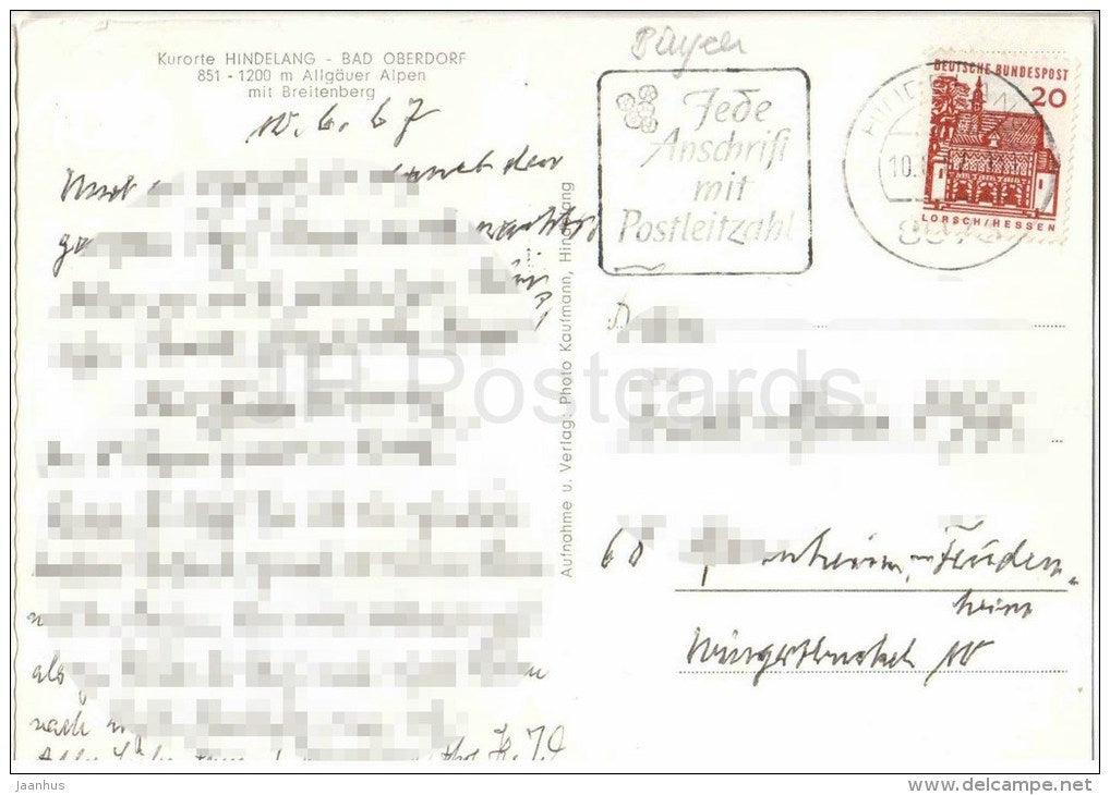 Bad Oberdorf - Kurorte Hindelang - Breitenberg - Germany - 1967 gelaufen - JH Postcards