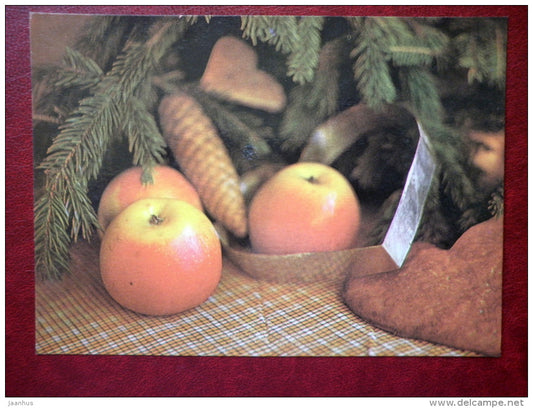 New Year Greeting card - Gingerbread - apples - 1983 - Estonia USSR - unused - JH Postcards