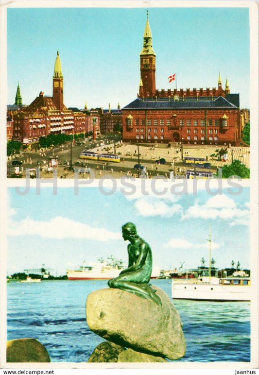 Copenhagen - The Town Hall and the Palace hotel to the Left - Little Mermaid - 1968 - Denmark - used - JH Postcards