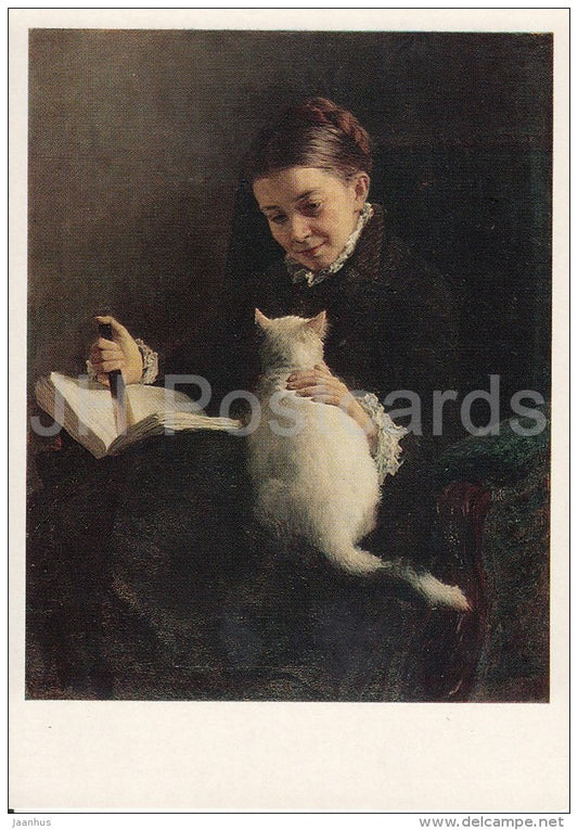 painting by N. Yaroshenko - Lady with a White cat - Russian art - 1976 - Russia USSR - unused - JH Postcards