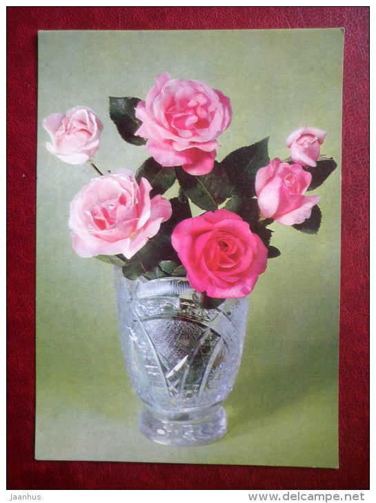 Greeting Card - red roses - vase - flowers - 1980 - Russia USSR - used - JH Postcards