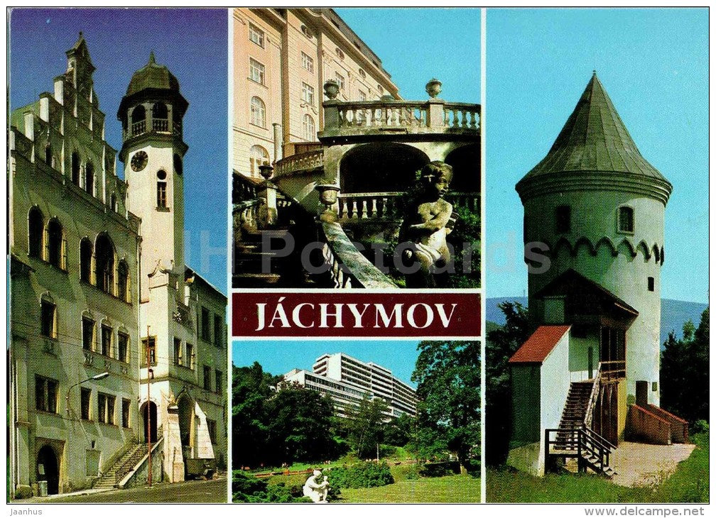 town hall - Marie Curie-Sklodovska medical institutes - sanatorium - Jachymov - Czech - Czechoslovakia - unused - JH Postcards