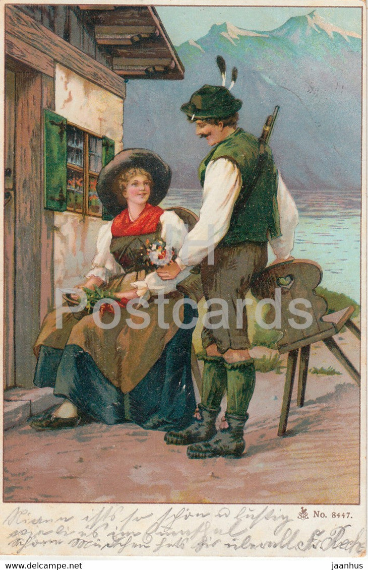 couple - man and woman - folk costumes - hunter - illustration - No 8447 - old postcard - 1903 - used - JH Postcards