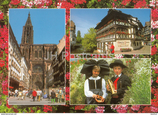 Souvenire d'Alsace - Strasbourg - La Cathedrale - cathedral - folk costumes - children - France - used - JH Postcards