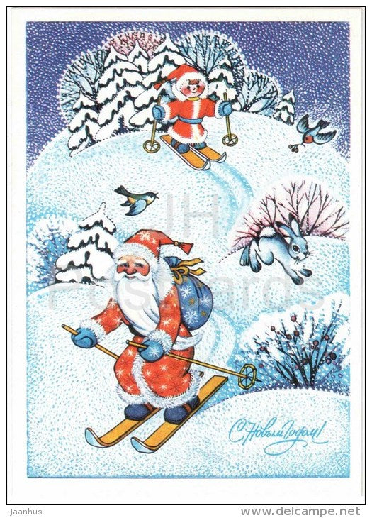 New Year greeting card by T. Grudinina - Santa Claus - hare - bird - mountain skiing - 1984 - Russia USSR - unused - JH Postcards