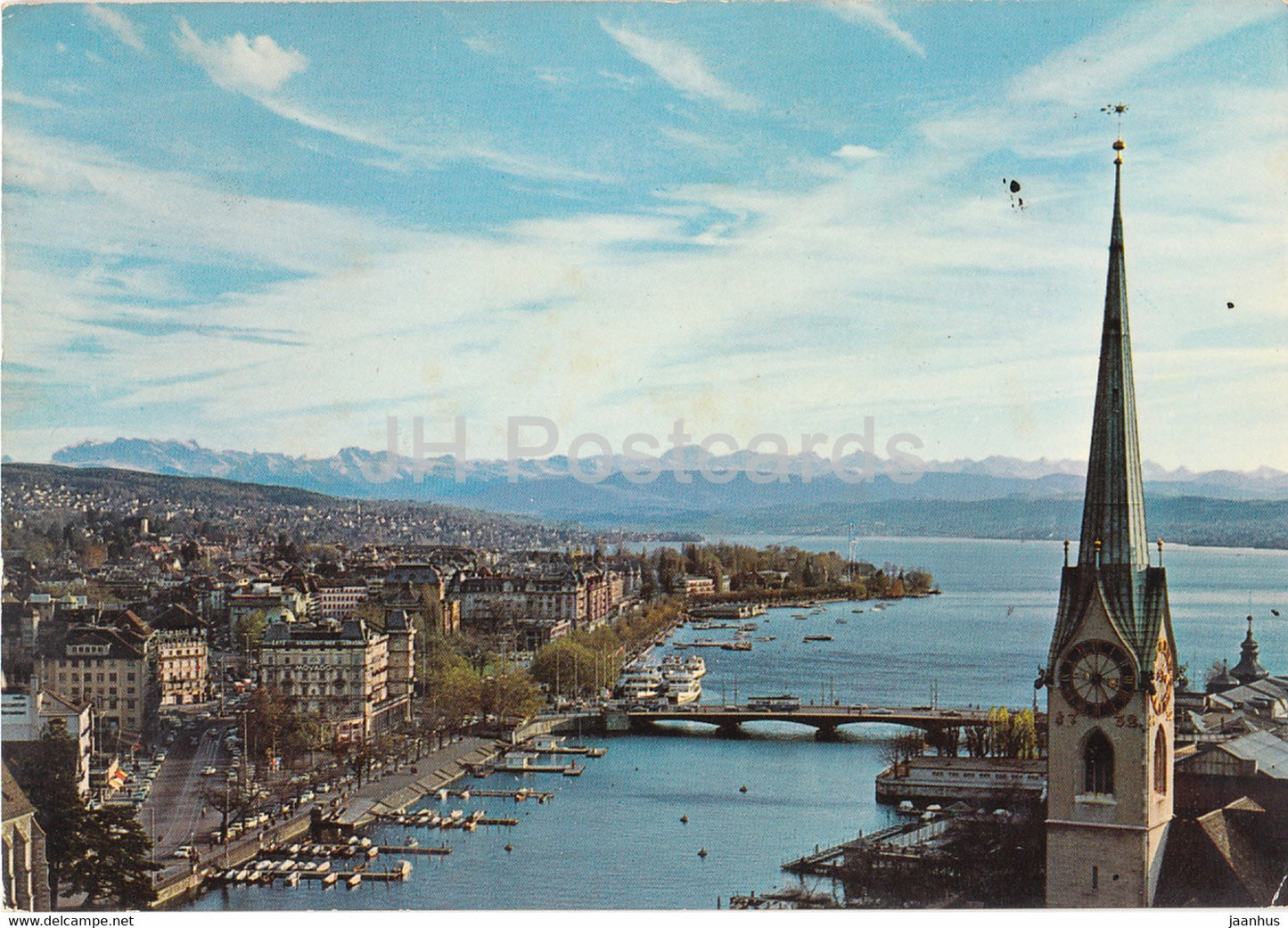 Zurich - Blick vom St Peterturm auf Fraumunster - Bellevue - Quaibrucke - See und Alpen - 1977 - Switzerland - used - JH Postcards